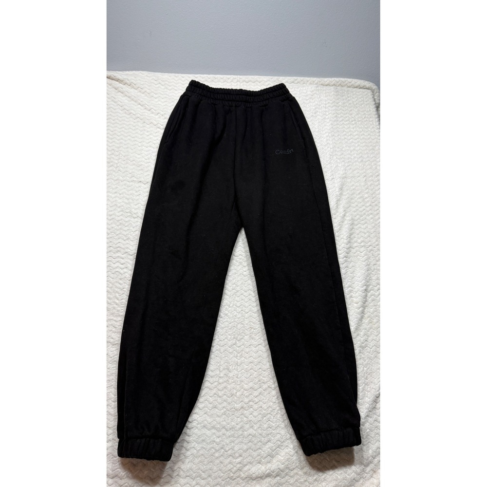 Comfrt Womens Black Embroidered Logo Elastic Waist Jogger Sweatpants Size Small